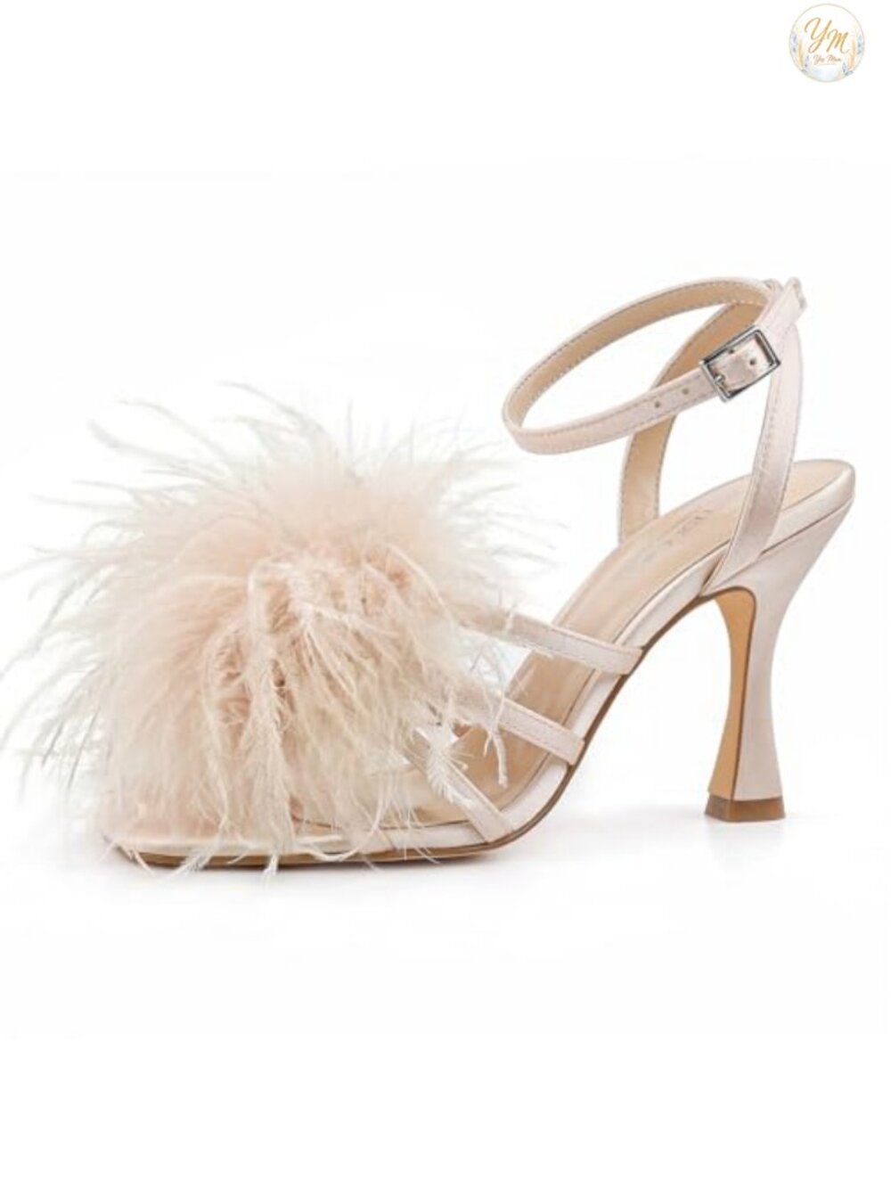 Satin Feather Heeled Sandals Square Open Toe Stiletto Ankle Strap